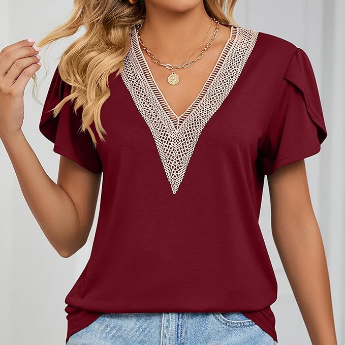 Lace Trim V Neck T-Shirt