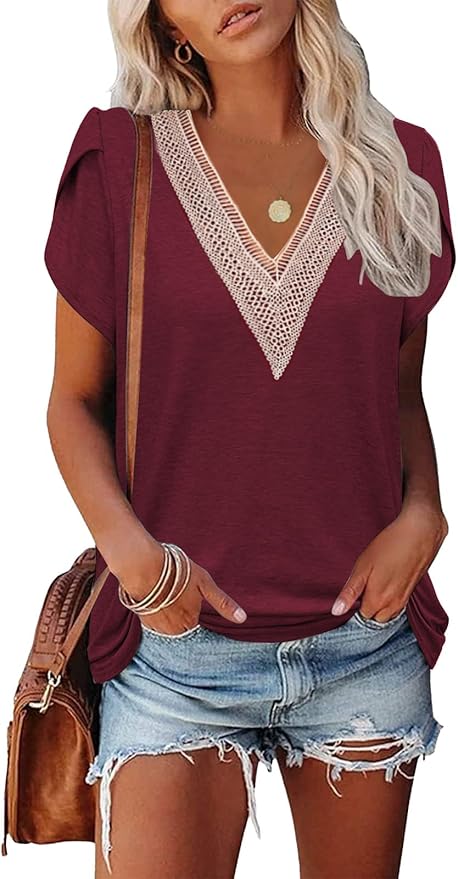Lace Trim V Neck T-Shirt